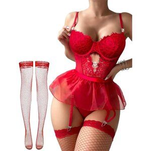 Women's Red Organza Bodysuit Underwire Babydoll Lingerie Set Garter Belt
